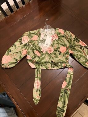 Agua Bendita Olive Green Floral Wrap Crop Top with Coral Blooms